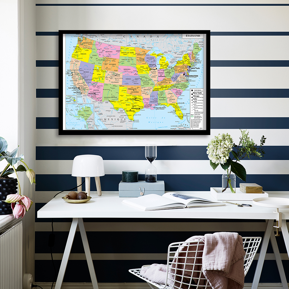 90*60cm The United States Political Map Detailed Map In French Wall Art Poster Canvas Painting Home Decoration School Supplies
