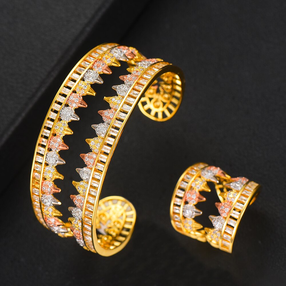 GODKI Revet, colgantes de dientes, 2 unidades, brazalete, anillo de puño, conjunto para mujer, boda, novia, zirconia cúbica, Dubai, de boda, alta joyería BOHO
