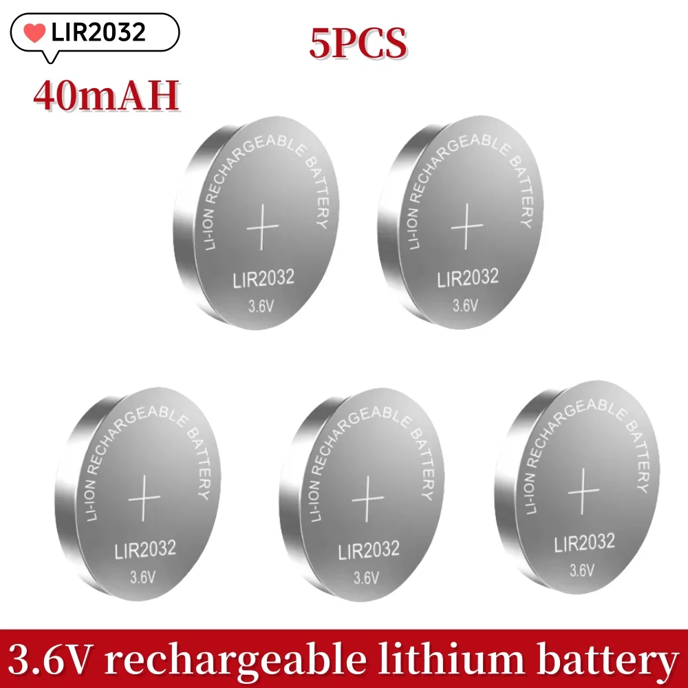 LIR2032 Rechargeable Lithium Battery 2032 charging Can Replace 3.6v 40mAH CR2032 for Watches Clock Calculator Coin Battery: black