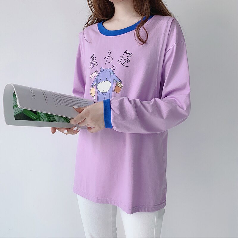 Lavendel langærmet bomulds amning t-shirt søde kvinders bluser o-hals amning top barsel tøj graviditet 7825