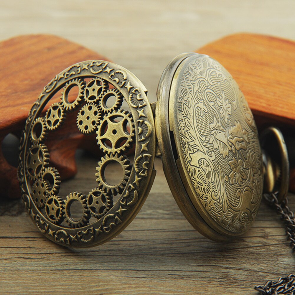 Retro Pockets Horloge Hollow Gear Antieke Hanger Arabische Cijfers Quartz Analoog pockets horloge Vintage Bronze Steampunk