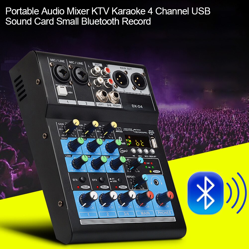 DJ Small KTV Audio Mixer Mixing Console Portable Karaoke Stereo Bluetooth Record Home Sound Card 4 Channel USB