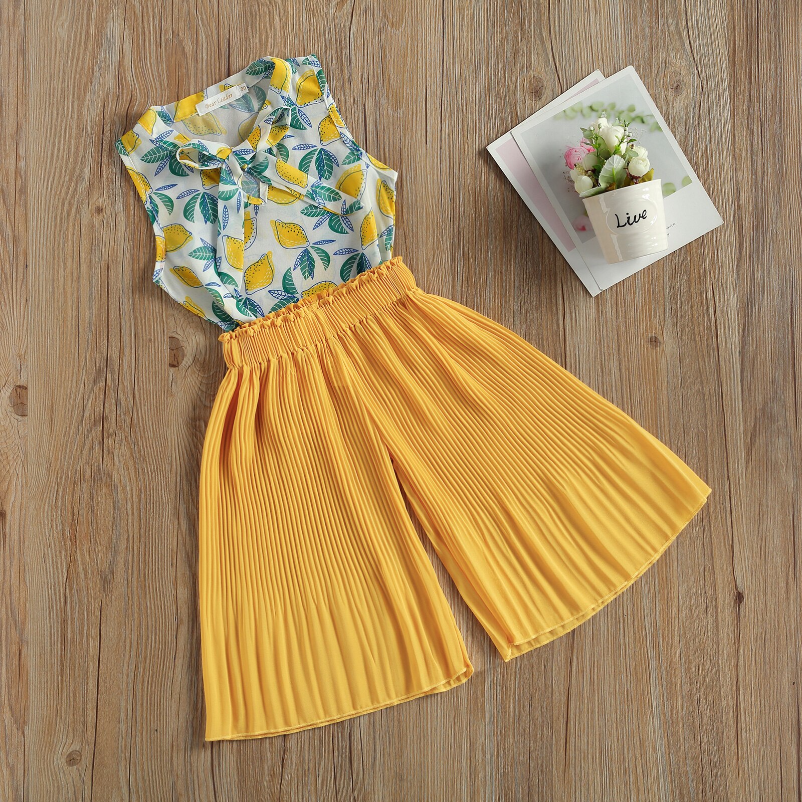 FOCUSNORM 3-7Y Summer Kids Girls Clothes Sets Flowers Print Bow Sleeveless Vest Tops Wide Leg Pants