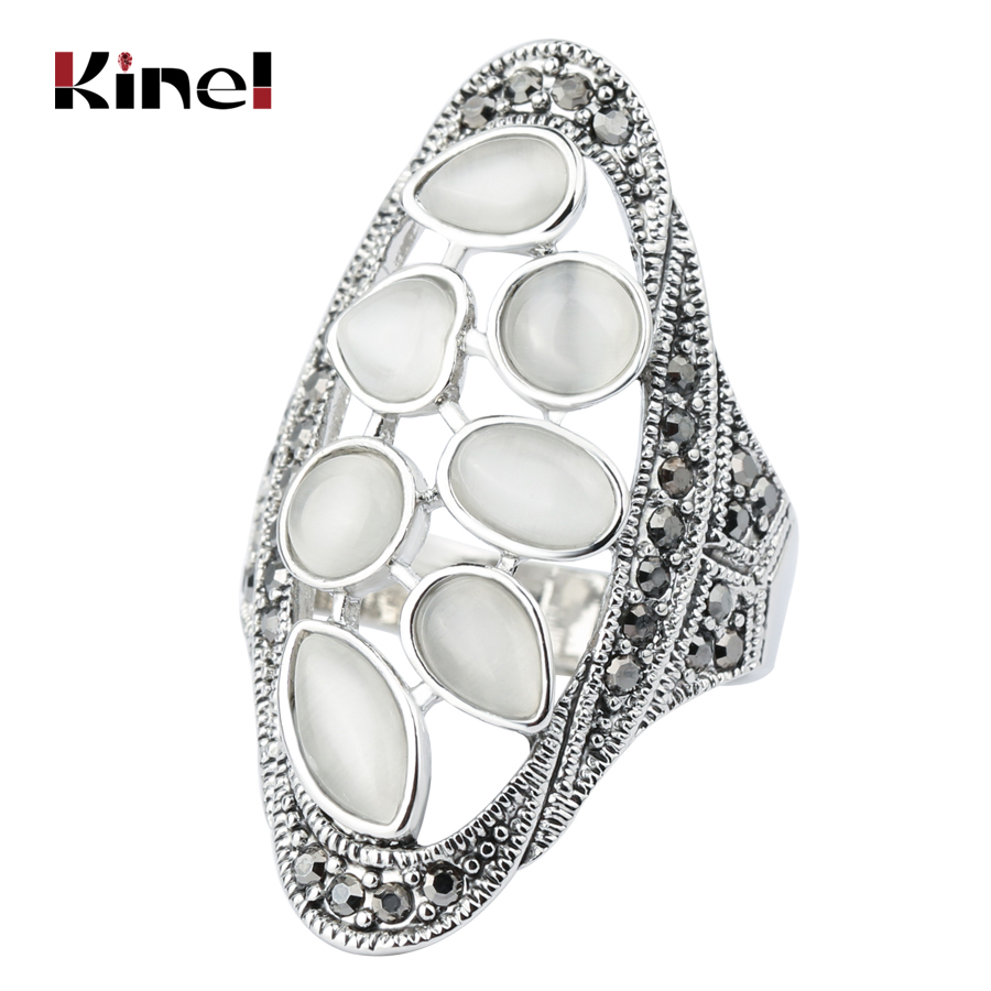 Kinel Luxe Opal Ring Voor Vrouwen Vintage Bruiloft Sieraden Antieke Tibetaanse Silver Grijs Crystal Grote Ring Kerstcadeaus