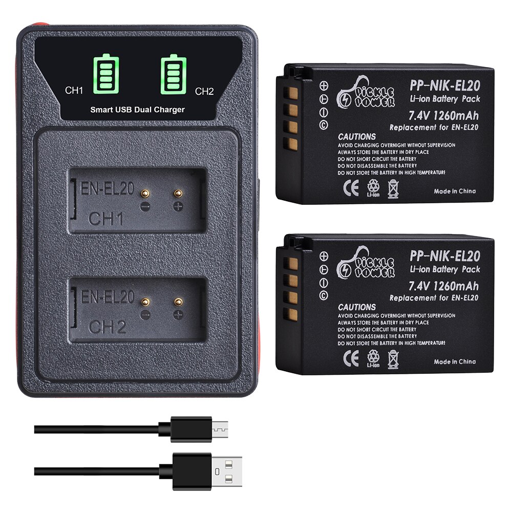 4 stk og -el20 en el20 en el20a batterier + led innebygd usb dobbel lader for nikon coolpix  p1000 nikon 1 j1, j2, j3 nikon 1 aw1: 2 batterier 1 lader