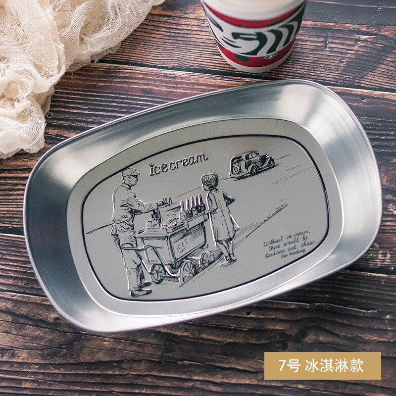 Europese Retro Ijzeren Plaat Boot Plaat Blik Lade Plaat Retro Metalen Snack Plaat Platen Keramische Houten Plaat Snack Gerechten: Ice cream No.7