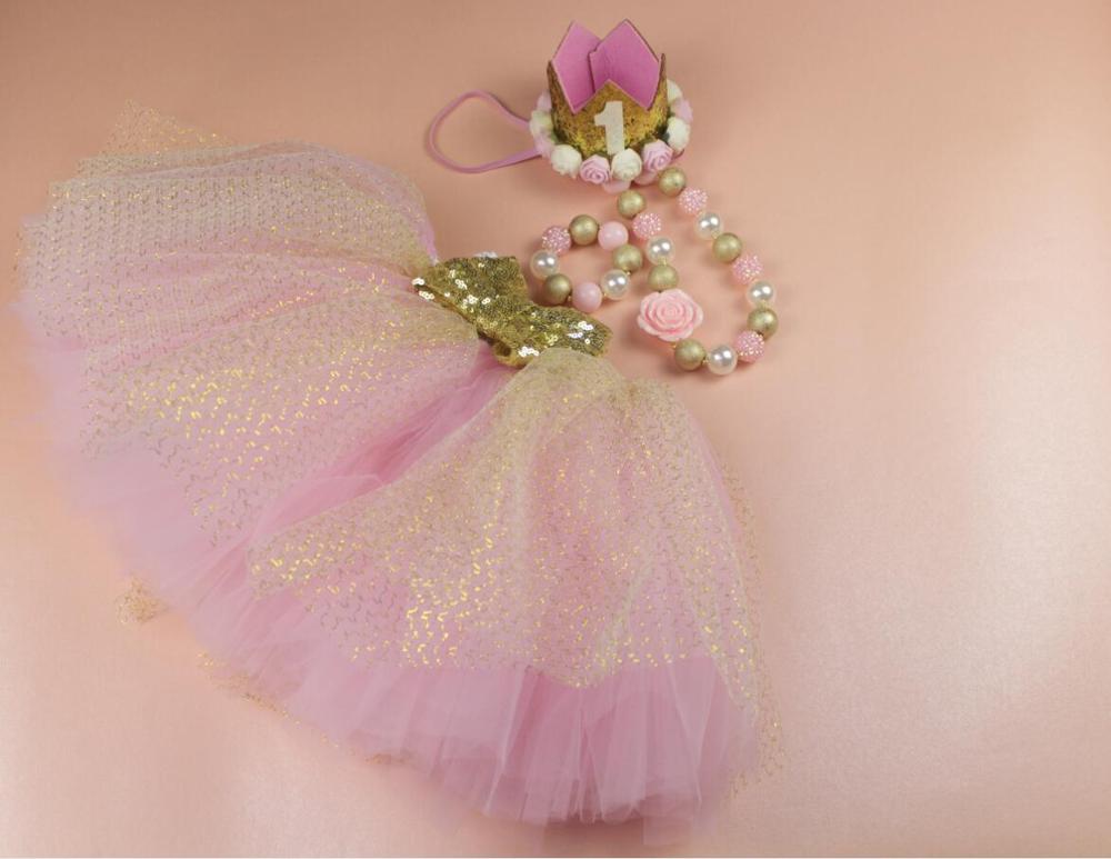 Baby Goud Roze Tutu Rok En Gouden Kroon Hoofdband Set Voor Eerste Verjaardag Outfit