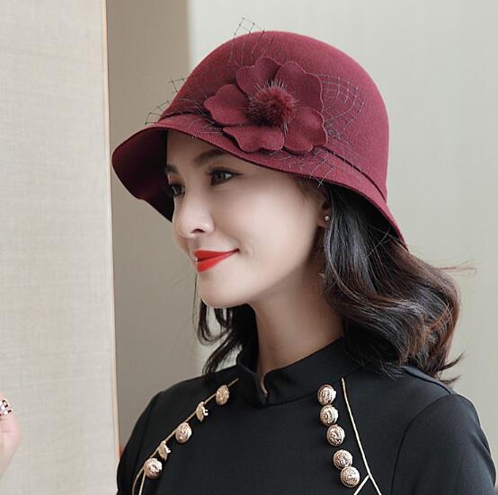 Woman Autumn And Winter Party Formal Woolen Bucket Hat Lady Grace Flower Pure Wool Felt Hats: wine