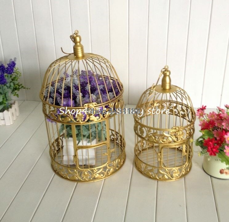 Jaula decorativa de metal para pájaros de boda, juego de decoración de 14x25/19x35cm, hecho a mano, de estilo antiguo dorado, ideal para regalar y regalar