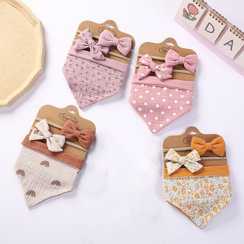 3Pcs/Set Cotton Baby Bib Bow Headband Adjustable Button Triangle Saliva Towel G99C