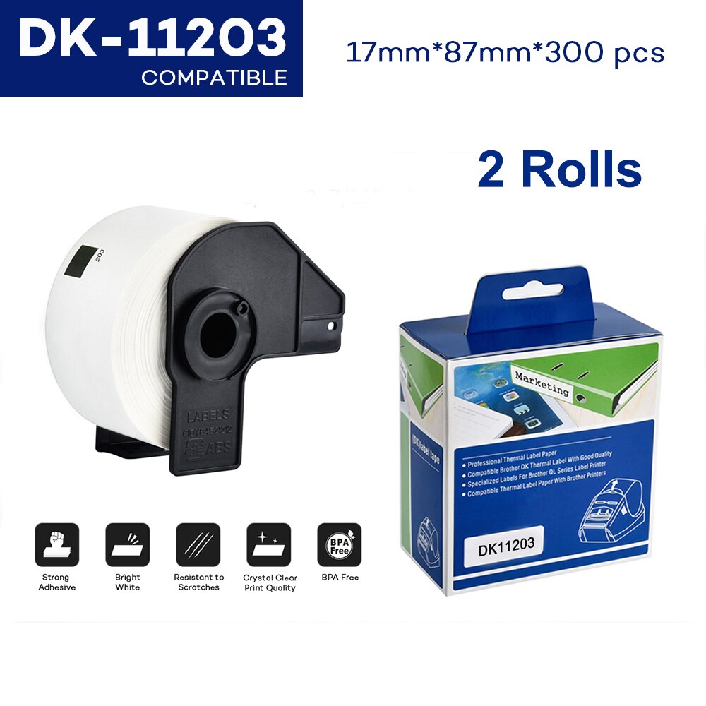 2 rollos de papel térmico Compatible con impresora de etiquetas Brother, DK-22205 continuo, troquelado, etiquetas de dirección estándar para QL570, DK-11204: 2Rolls DK-11203