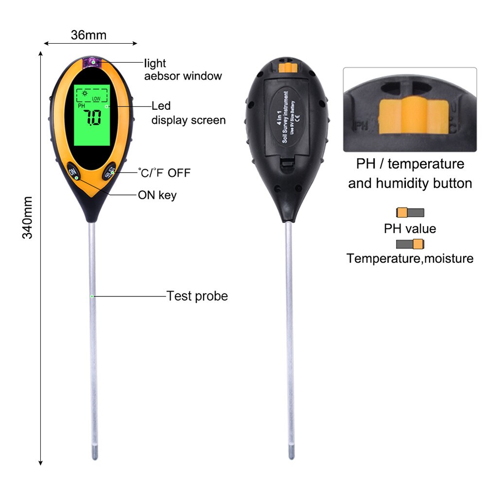 4 en 1 numérique ph-mètre sol humidité moniteur mètre température lumière du soleil intensité mesure analyse acidité alcali outil