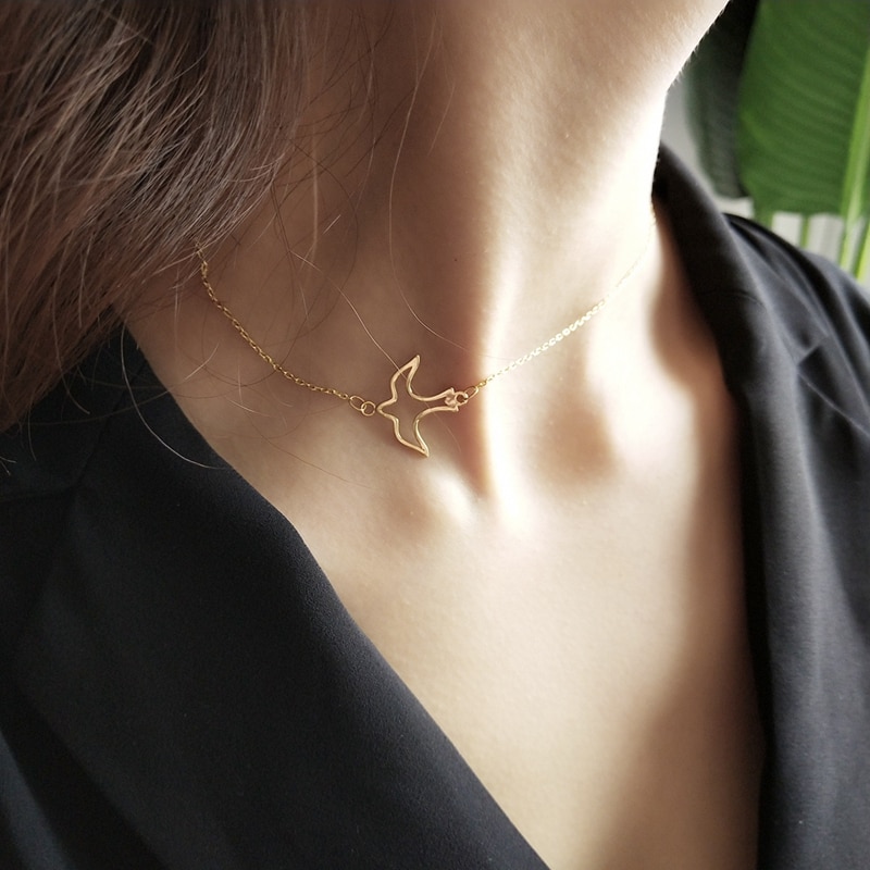 LouLeur 925 sterling silver free Swallow pendant necklace gold openwork bird choker necklace for women jewelry