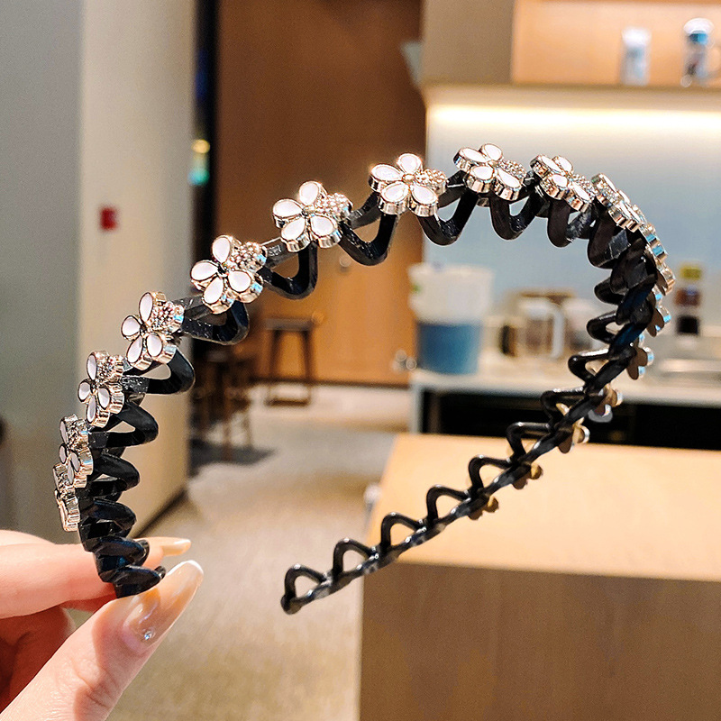 Hair Accessories Flower Rhinestone Pearl Non-Slip Hairbands Elastic Headband Women Hair Hoop Bands Bezel Girls Headdress: Beige