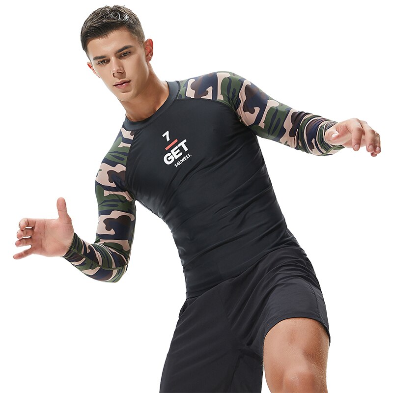 Herr långärmad rash guard sportkläder skarva uv solskydd bas skinn kamouflage surfing dykning simning t-shirt