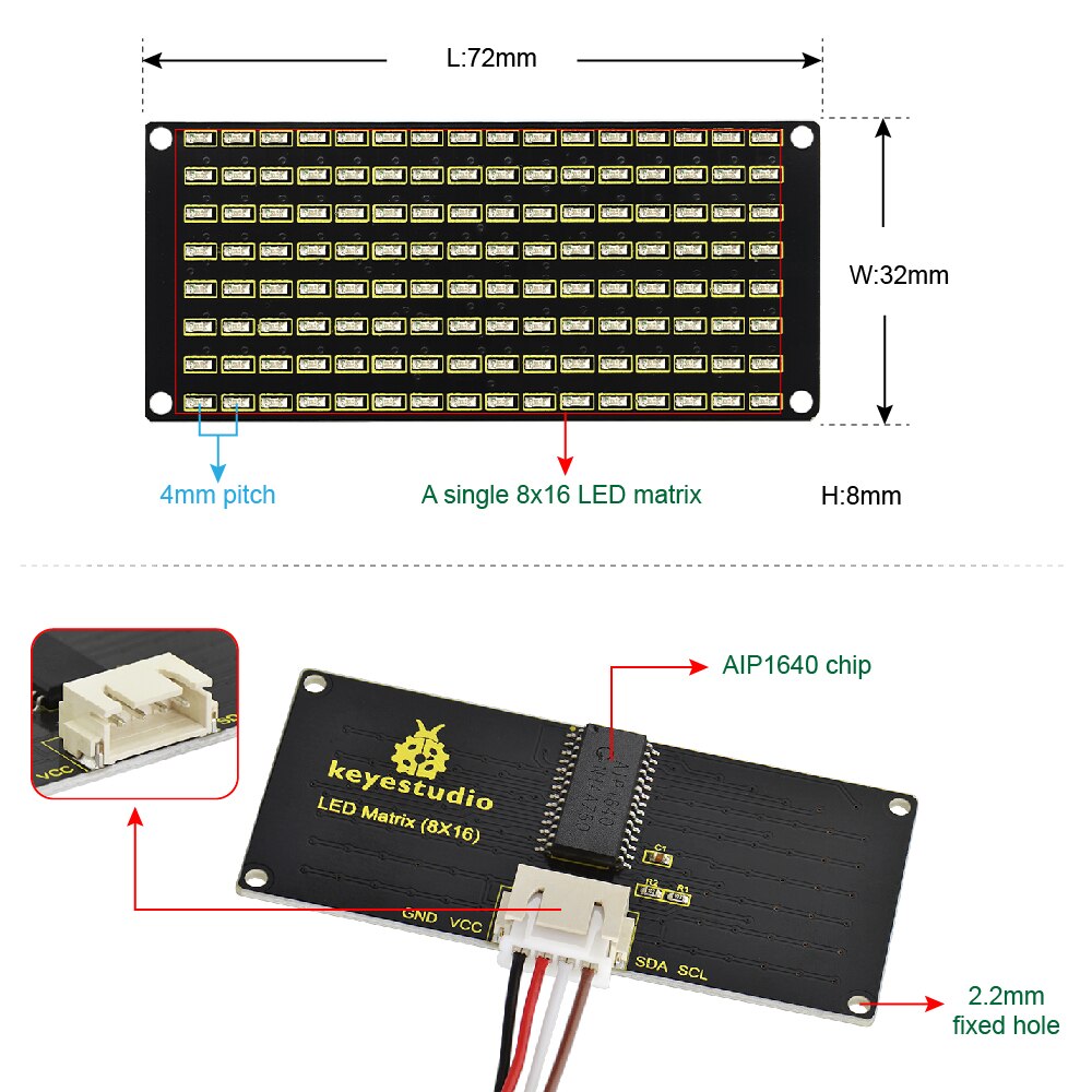 Keyestudio 8X16 Led Dot Matrix Board Module Met Ph 2.54 Connector + 4Pin Kabel Voor Arduino