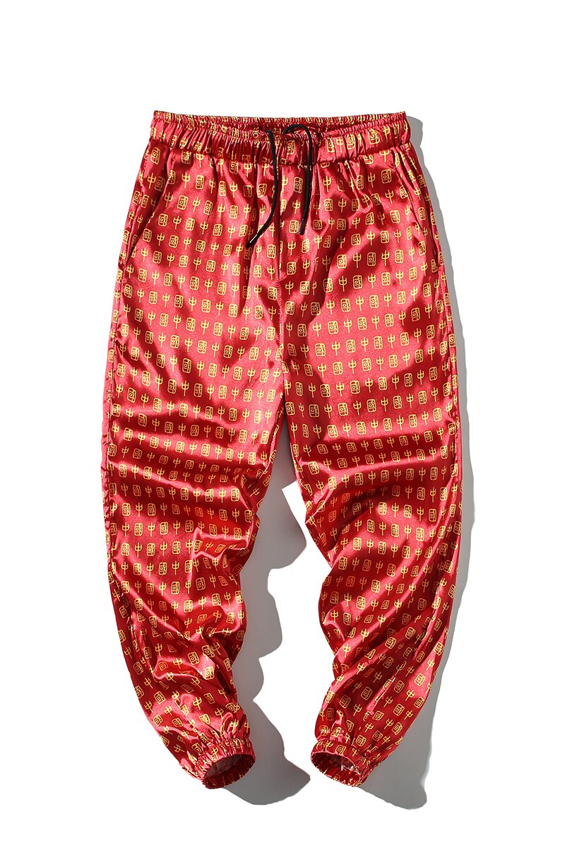 Pantalon en Satin imprimé pour hommes, vêtement en soie, grande taille, rouge, chinois, nouvel an, Vintage, rayonne lisse