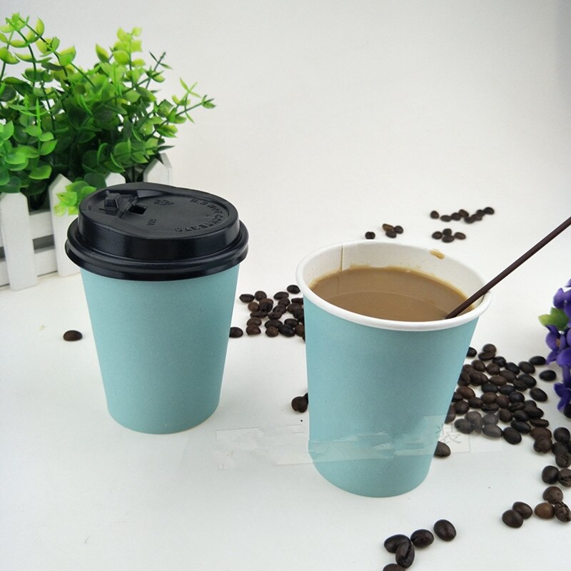 50pcs 8oz 250ml pure blue disposable cups single layer thicken paper milk tea cold drink juice cup with lid