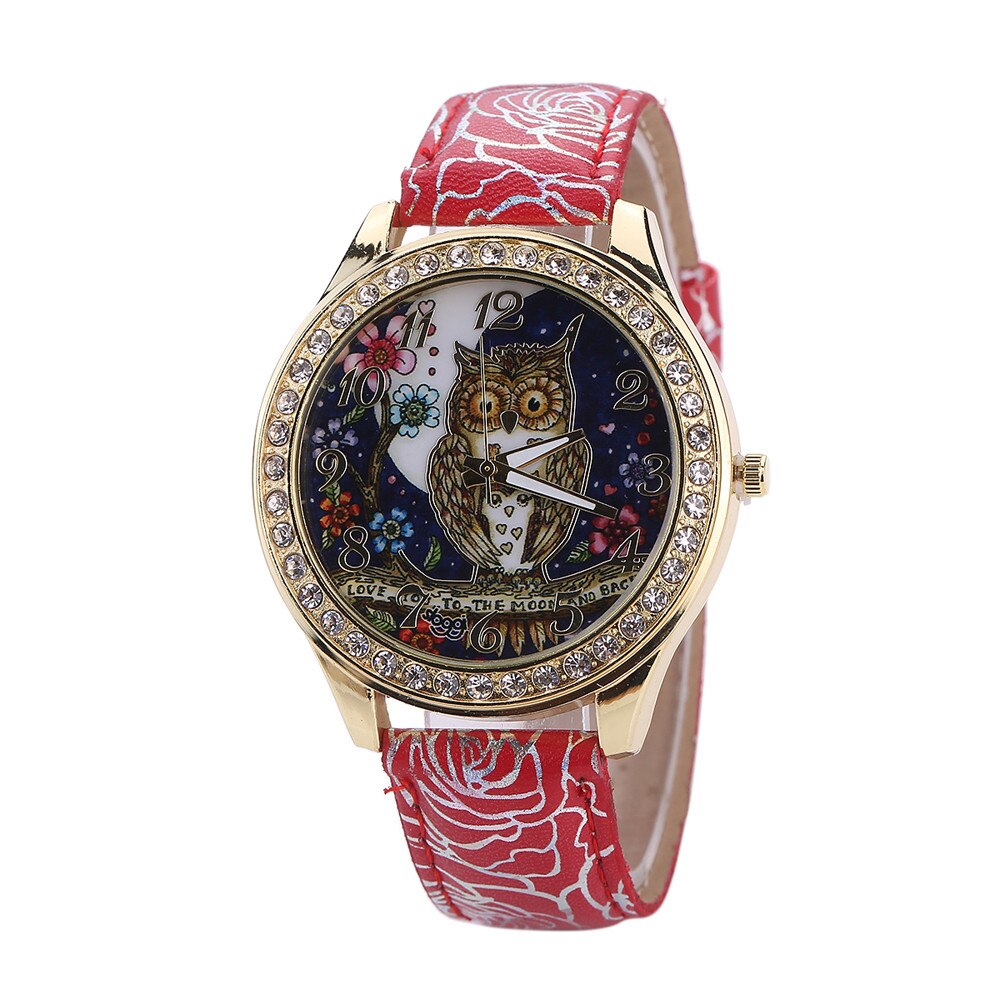 Mannelijke En Vrouwelijke Horloges Universal Cartoon Uil Paar Modellen Diamond Quartz Horloge Vrouwen Dames Klok Relogio Masculino: Red