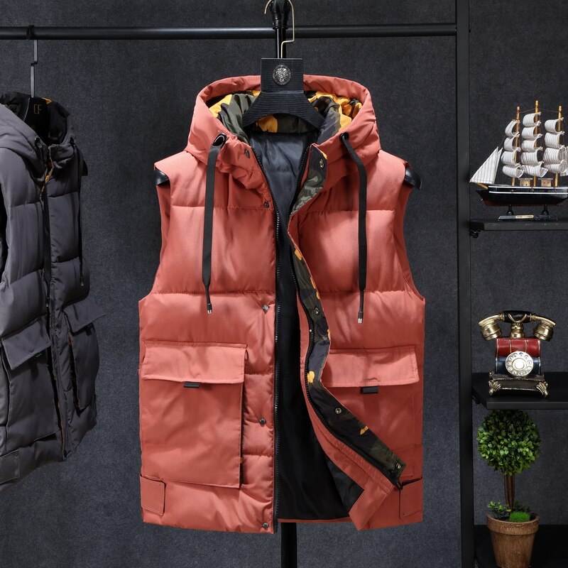 Herren Winter Jacken Casual Westen Männer Sleeveless Hoodie Mäntel Männlichen Baumwolle Padded Warme Dünne Große Tasche Weste