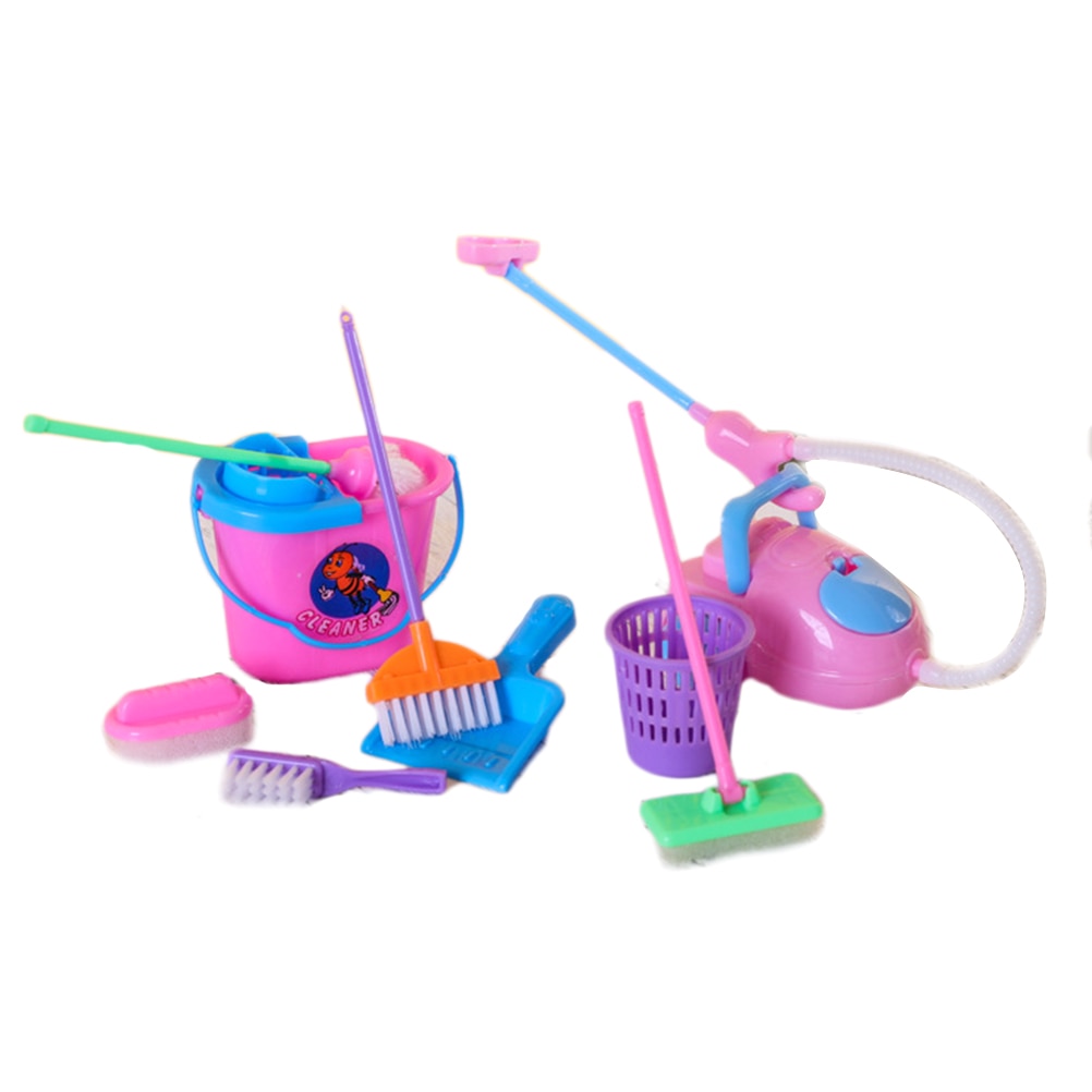 9 stk mini køkkenrengøring foregiver legetøjssæt moppe kost støvsuger værktøj pige lege hus dukke tilbehør legetøj: Default Title