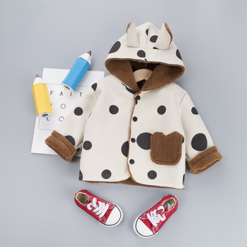 F Autumn Winter Ears Hooded Jacket for Newborn Baby Warm Coats Outerwear Childrens Boy Girls Polka Dot Clothes Jackets 0-3T: White / 12M