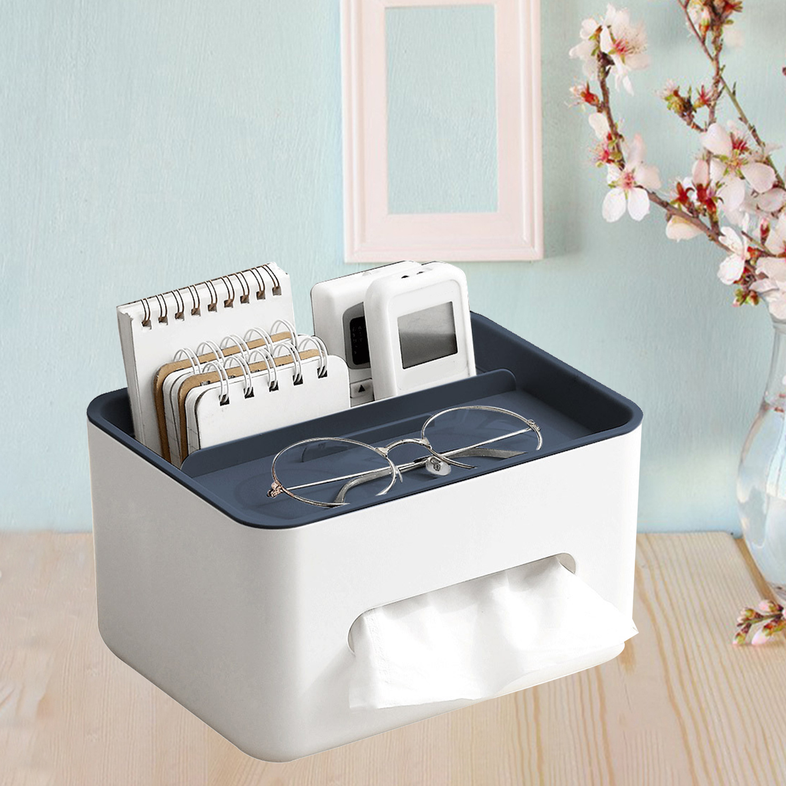 Multifunktionel desktop organizer fjernbetjening holder blyant saks beholder tissue box: Blå