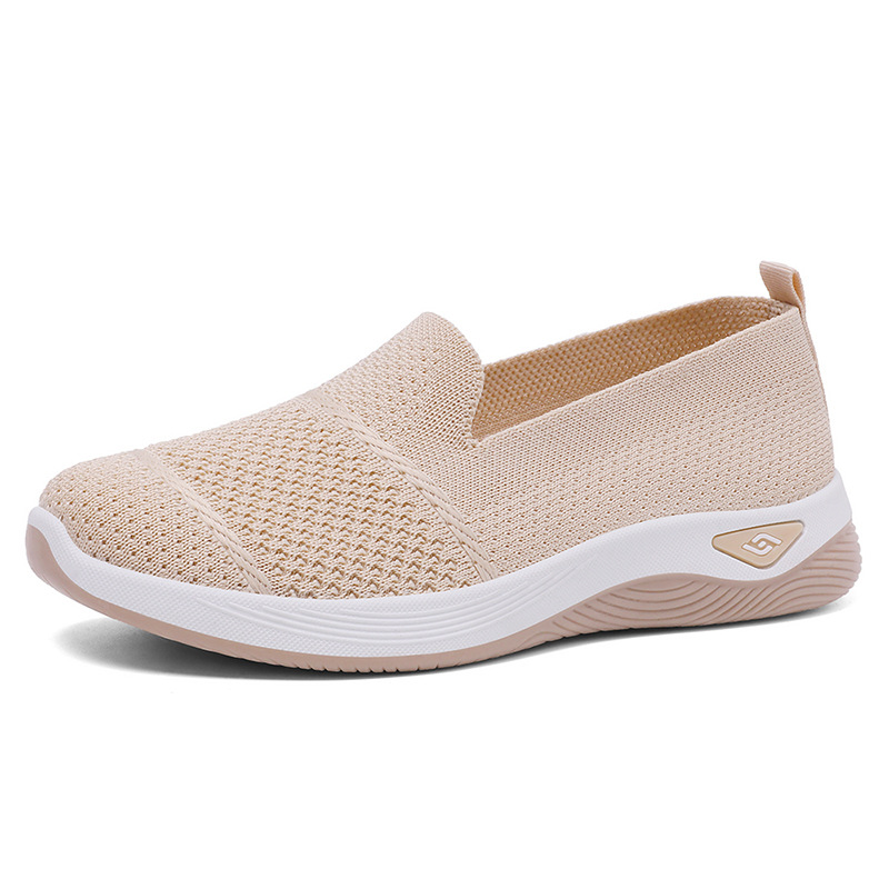 Zapatos para caminar sin cordones de punto transpirable para mujer, cómodas zapatillas informales antideslizantes, mocasines ligeros con plataforma suave para mujer: Beige / 37