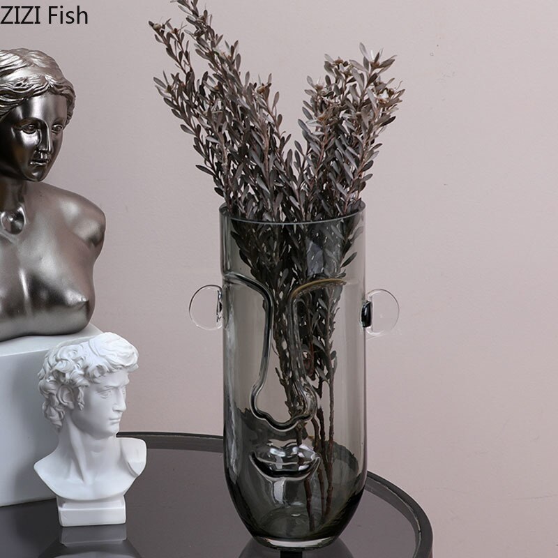 Abstracte vazen voor bloemen in menselijk gezicht, kantoordecoratie, glazen vaas met gradiënt, transparant hydrocultuur bloemeninzetstuk voor thuisdecoratie.