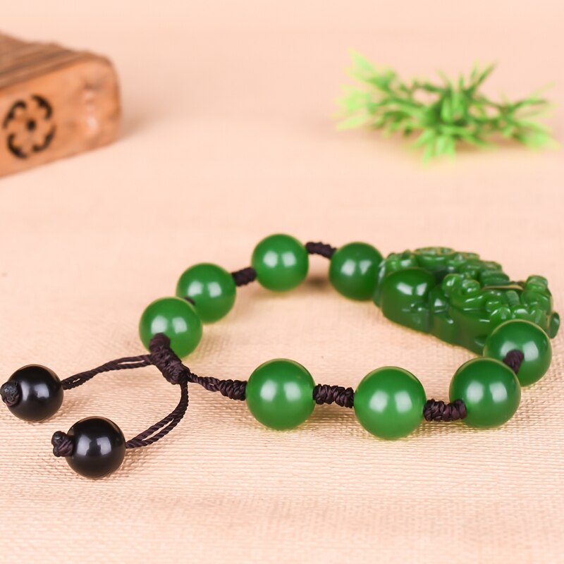 Carved Green Jade 12mm Bead Pixiu Elastic Bracelet Natural Chinese Jewellery Lucky Amulet Women man