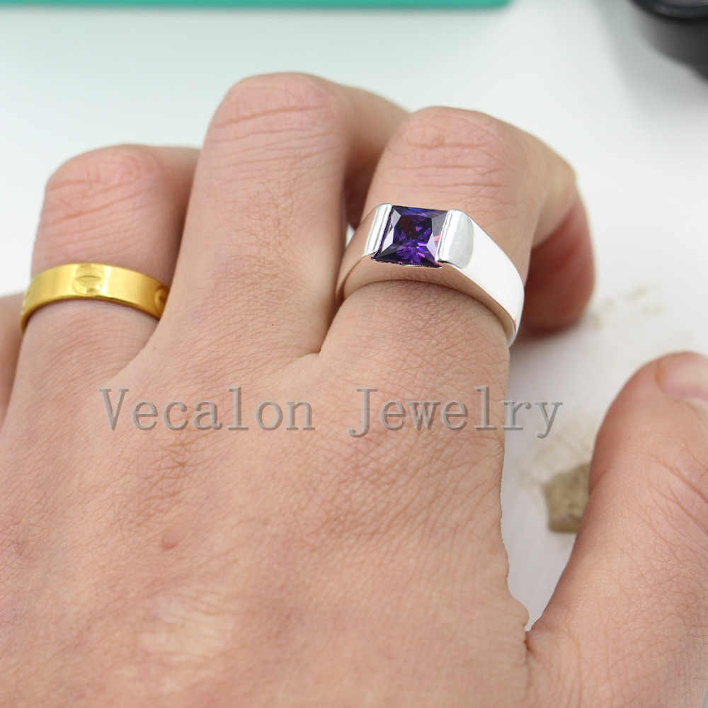 Vecalon Male Jewelry Princess Cut 4ct purple Cz 925 Sterling Silver Engagement wedding Band ring for Men Sz 8-12