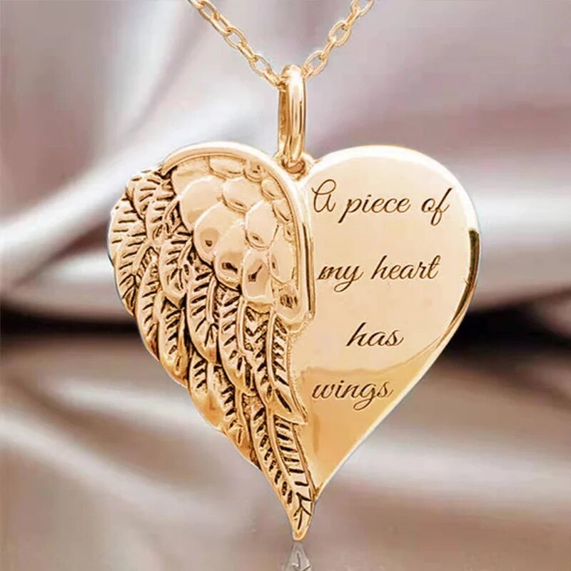 A Piece of My Heart Has Wings Pendant European American Angel Wings Engraved Necklace Jewelry Necklace for Women