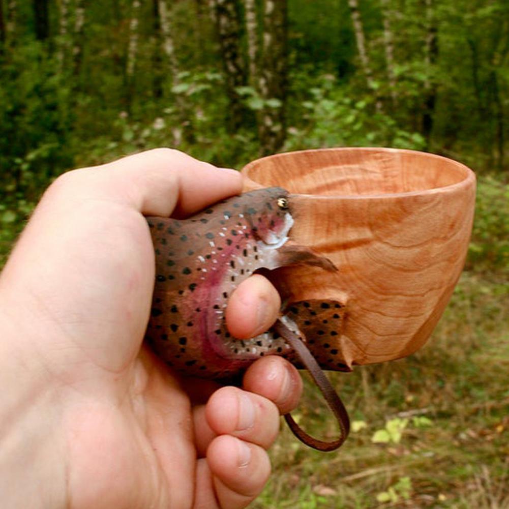 Holz Becher Hand Geschnitzte Ebene Kopf Tasse Fuchs Wolf Wildschwein Ebene Kopf Griff Wasser Tasse Tragbare Camping Kaffee Tassen mit Schlüsselband