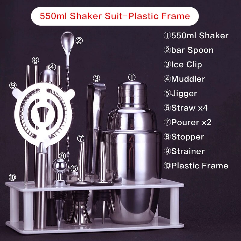 Bar Soul Cocktail Shaker Set Stainless Steel Bar Tools Bartender Tools Shaker Jigger Spoon Muddler Bartender Set: 550ml Plastic