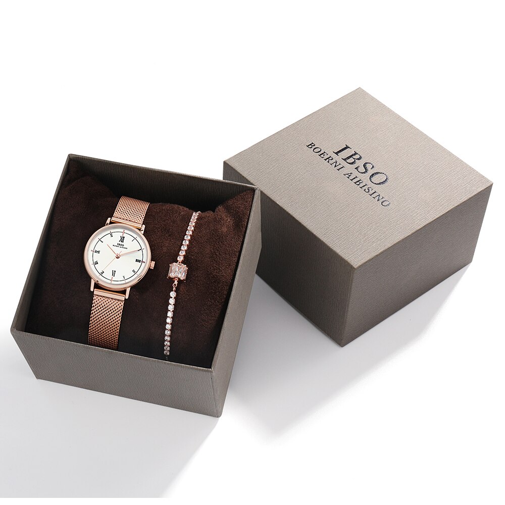 IBSO – ensemble de montres Ultra fines pour femmes, 8mm, maille or Rose, bracelet en acier inoxydable, à Quartz, horloge, pour dames: 3628 set 1