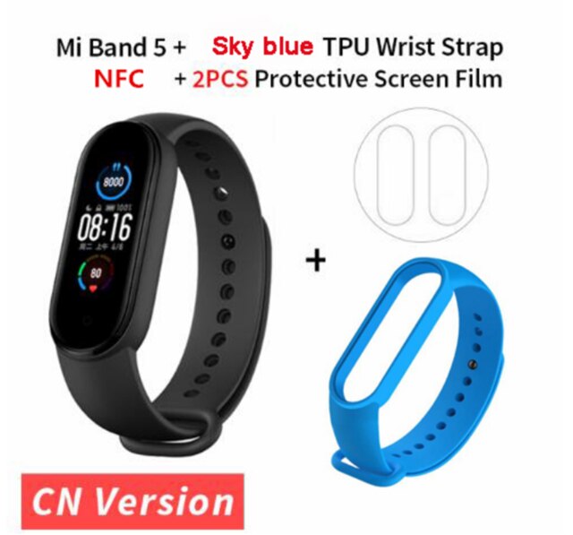 Xiaomi Mi Band 5 NFC Version Smart Bracelet AMOLED Screen Miband 5 Smartband Fitness Traker Bluetooth Heart Rate Smart Band: add blue strap film