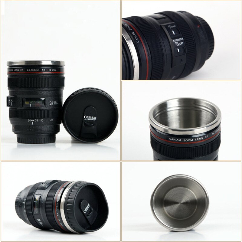 Neue 24-105MM Objektiv THERMOS Kamera Reise Kaffee Tee Tasse Becher Objektiv Kreative Tasse Edelstahl Gebürstet Liner schwarz