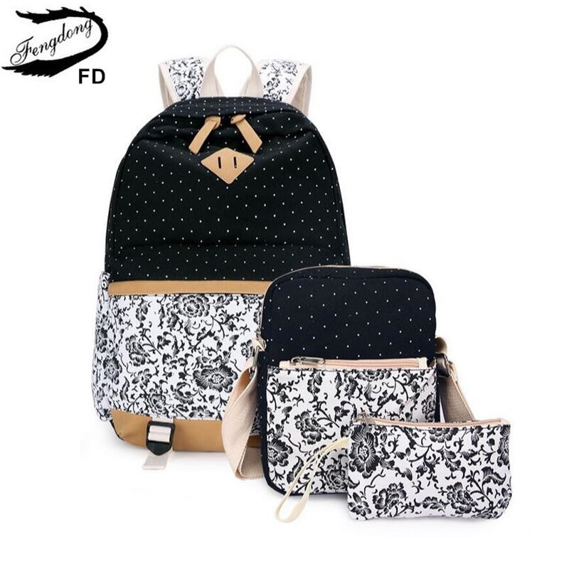 Fengdong sacos de escola para meninas adolescentes do vintage flor lona mochila criança escola crianças ombro caneta lápis saco bookbag