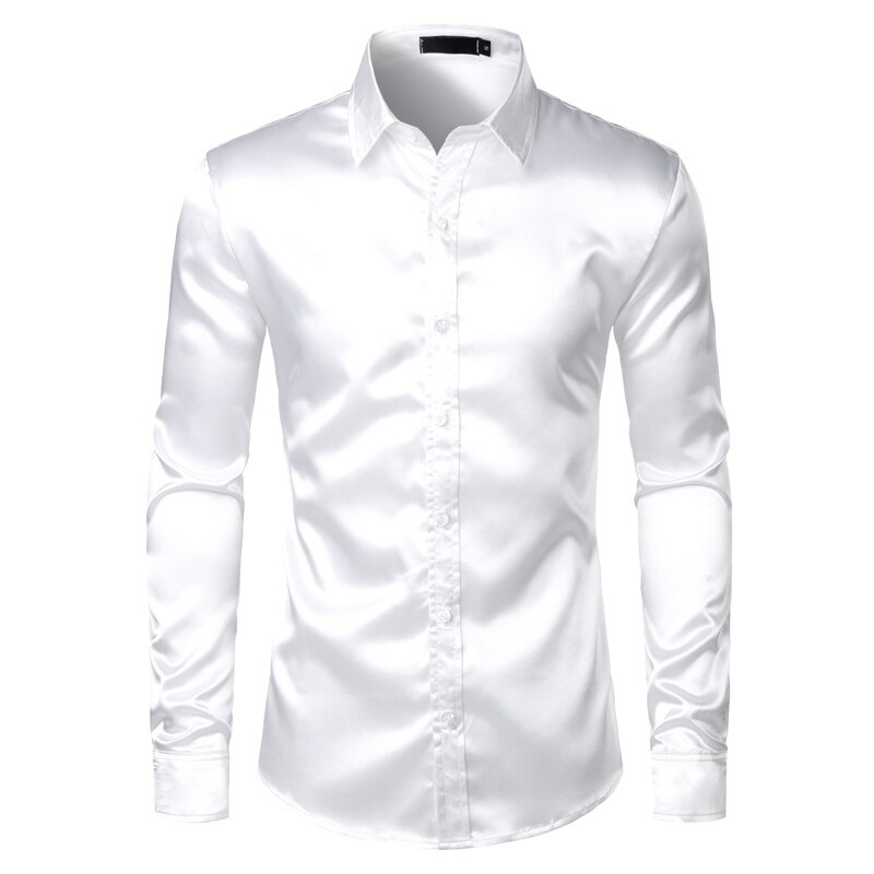 Chemise en satin noir pour homme, vêtement en soie lisse, coupe mince près du corps style smoking, idéal pour une fête décontractée, un mariage ou un bal, collection luxe: White / US Size S
