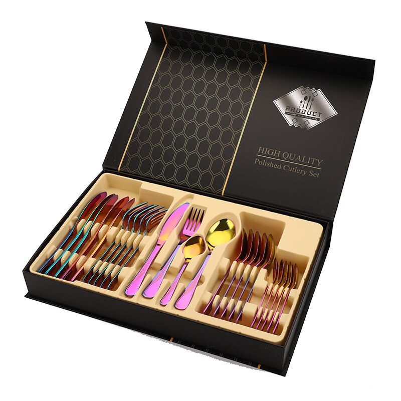 24pcs Gold Tableware Set Stainless Steel Knife Fork Spoon Dinnerware Box Cutlery Set Kitchen Flatware Tools Housewarming: T3P-multicolor