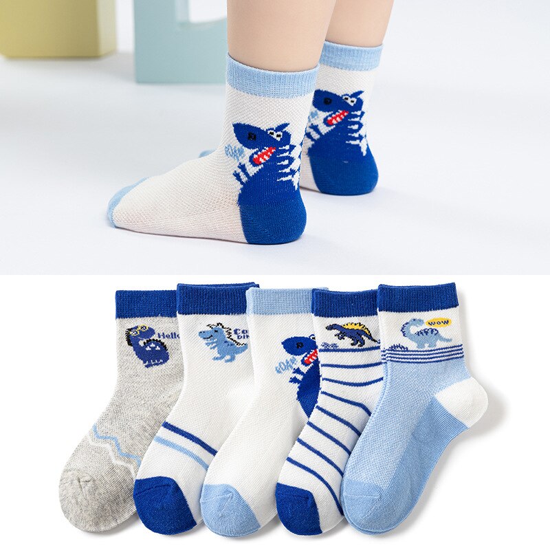 Calcetines de verano para niños y niñas, medias de algodón con dibujos de dinosaurios, 5 pares