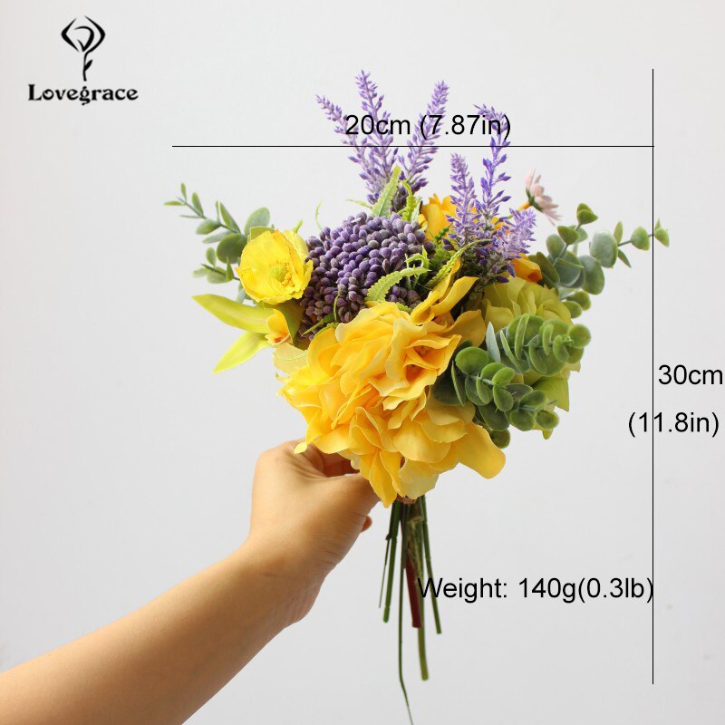 Lovegrace bröllopsbukett brudbukett konstgjord siden ros blomma pion orkidé hortensia lavendel daisy gul bröllop leverans