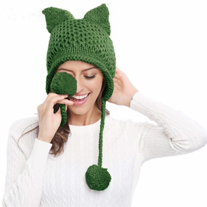 Orecchie di gatto tutto'uncinetto cappello lavorato a maglia paraorecchie cappello a cuffia tutto'uncinetto maglia di lana autunno inverno: erba verde