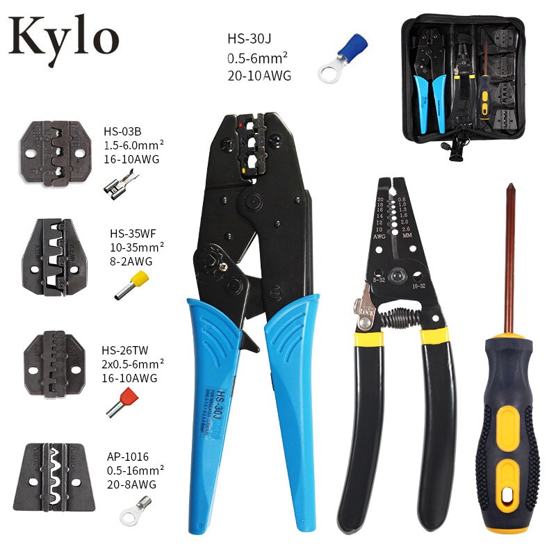 Terminals insulated with electricity Crimper Cable Crimping Tool Kit Plier wire terminal Screwdriver with Carry Bag Set 5 Jaw: HS-30J KIT