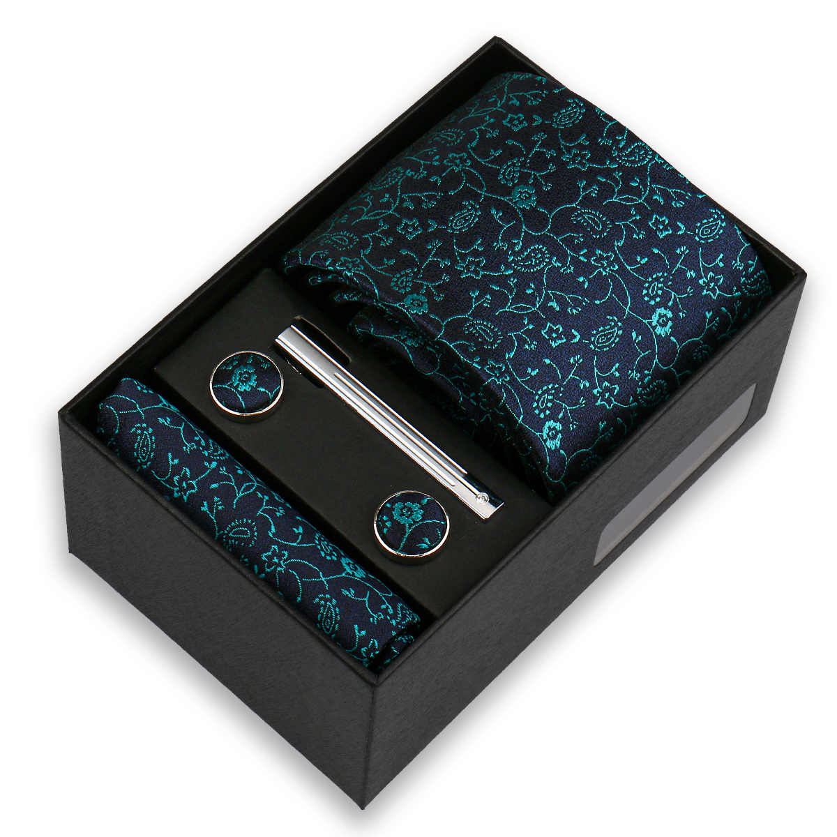 Conjunto de gravata de luxo para homens caixa de presente de negócios festa de casamento moda masculina conjunto de gravata paisley lenço abotoadura gravata-clipe terno presente para homem: Prateado