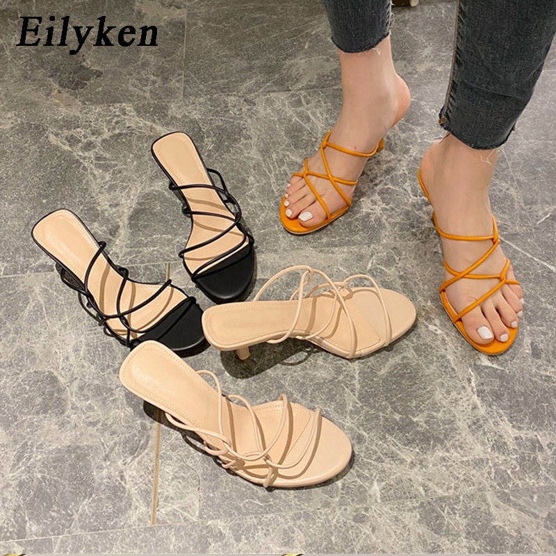Eilyken Brand Women Slipper Cross Strap Casual Outdoor Sandal Ladies Thin High Heels Slides Sandal