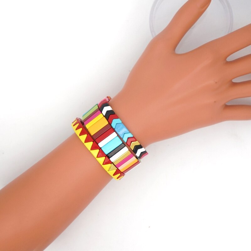 Boheemse elastische stretch kleurrijke tegel emaille rechthoekige armband stapelbare emaille regenboog bedel bangle armband sieraden