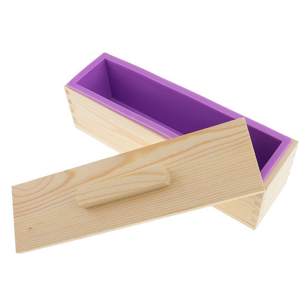 Diy sabão artesanal molde de silicone-molde de sabão retangular com caixa de madeira e tampa de madeira-roxo + madeira, 900ml