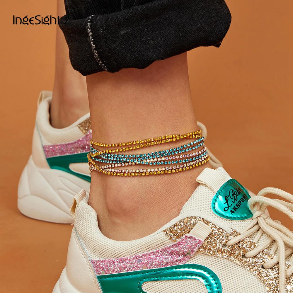 IngeSight.Z Luxury Bling Colorful Crystal Anklet Bracelet Charm Shiny Rhinestones Anklet Set Barefoot Sandals ankle Foot Jewelry