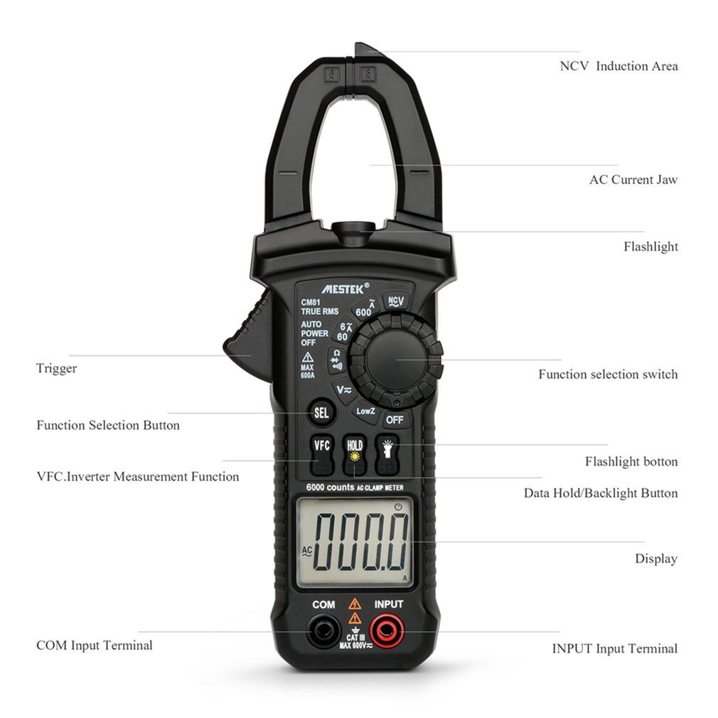 MESTEK CM81 Digital Clamp Meter True RMS Multimeter 5999 Counts AC/DC Volt Amp Ohm LowZ NCV Diode Tester with Flashlight